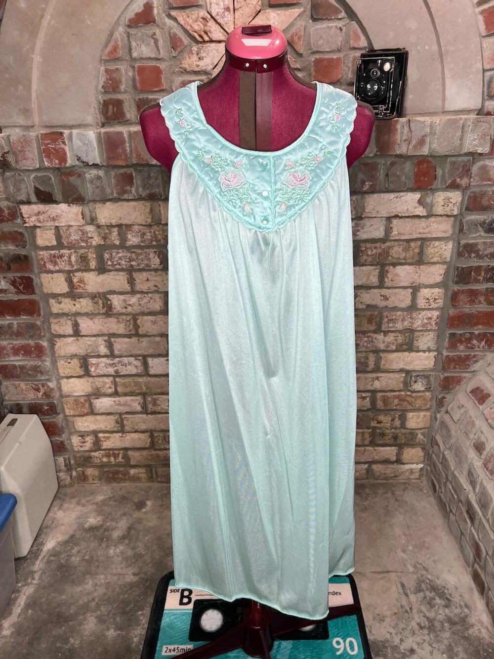 satin nightgown floral quilted collar aqua pink collar